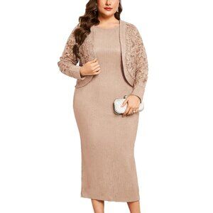 ZOMVA Dress Jacket Elegant Lace Maxi  2 Piece Set Formal Wedding Champagne 1X